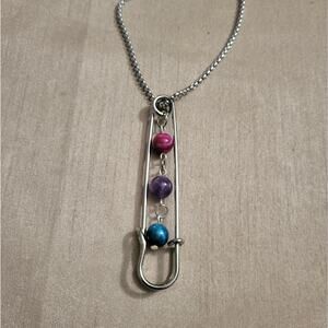 Safety pin bi pride flag beaded necklace, blue & pink tiger's eye with amethyst